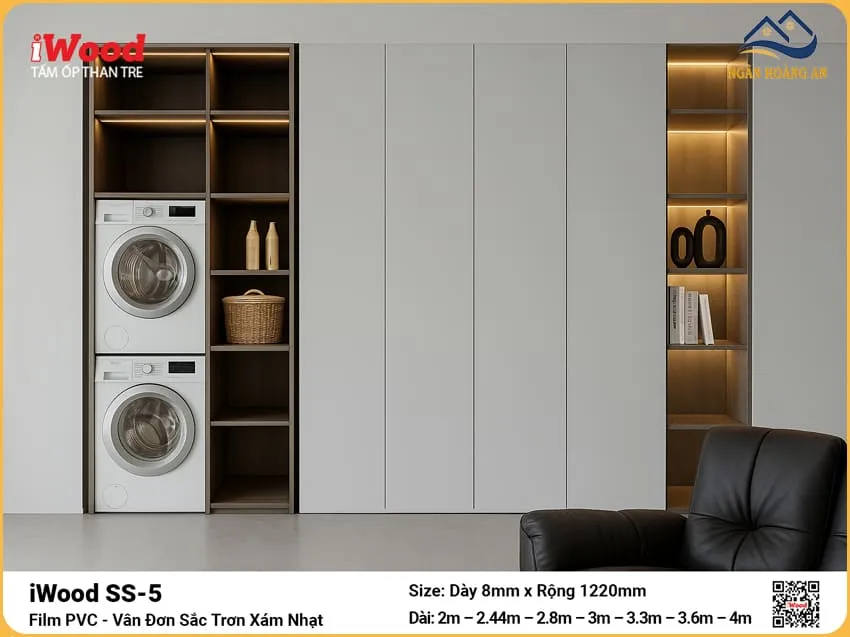 Tấm Ốp Sợi Than Tre Vân Đơn Sắc Trơn Xám Nhạt iWood SS-5